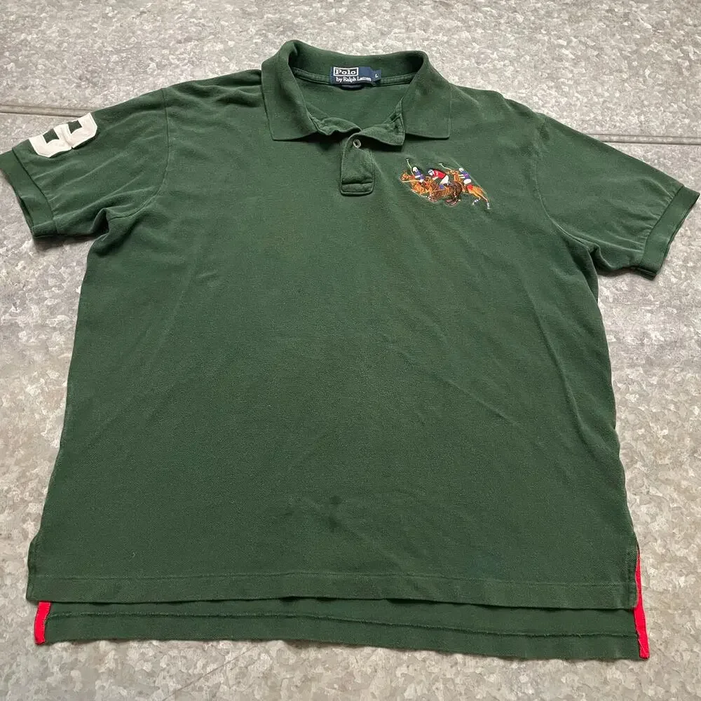 Polo Ralph Lauren Triple Pony #3 Shirt Large Cotton Green Rugby Embroidered